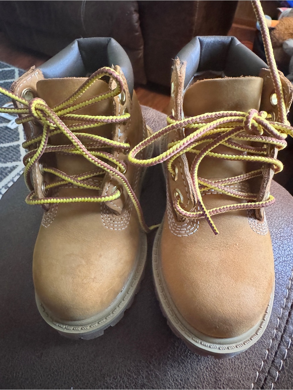 Timberland Little Kids Tan Suede Boots with Yellow Contrast Laces